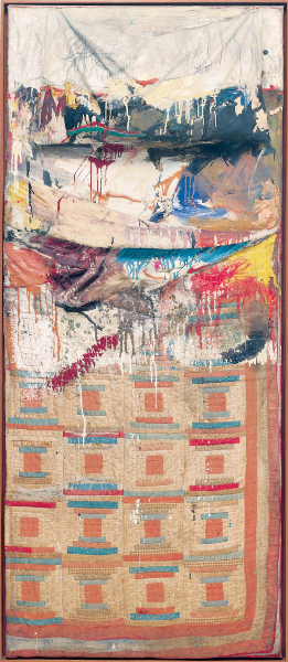 Robert Rauschenberg : Bed. Robert Rauschenberg.1955, huile, crayon, dentifrice, vernis à ongle rouge sur matelas, couette, drap-housse monté sur bois, 191x 80 x 20 cm. The Museum of Modern Art, New York.